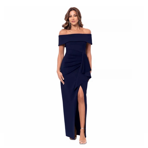 Xscape Dresses & Skirts - Xscape Navy Blue Off-the-shoulder Slit Dress 16